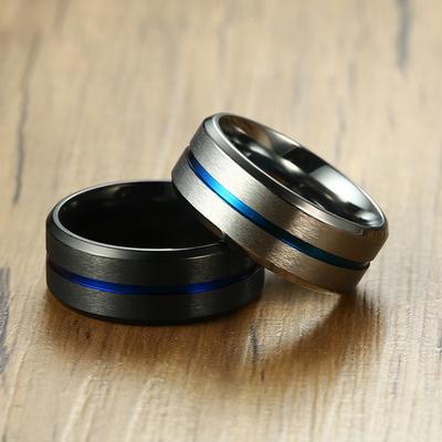 Ikuinen 8mm Casual Preto Anel Masculino Linha Azul Aço Inoxidável Aliança de Casamento Masculino Conforto Usar Joias Cavalheiros