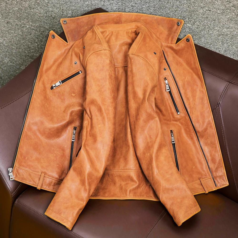 Mens Genuine Leather Jacket Heavyweight Waxed Cowhide Slim Fit Biker Short Coat Notch Lapel