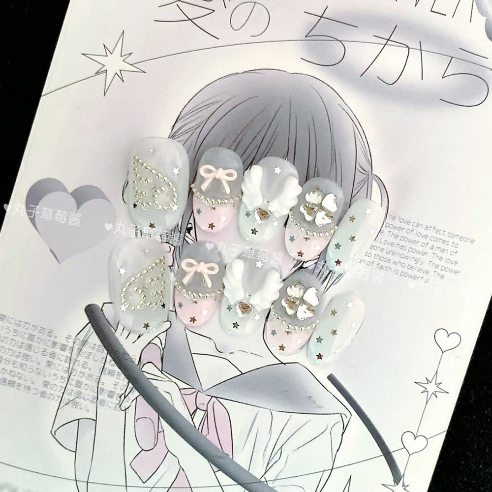 10Pcs Y2K Handmade Press On Nails Short Square Cartoon Stickers Pearl Wings Heart Bow Holiday Gift