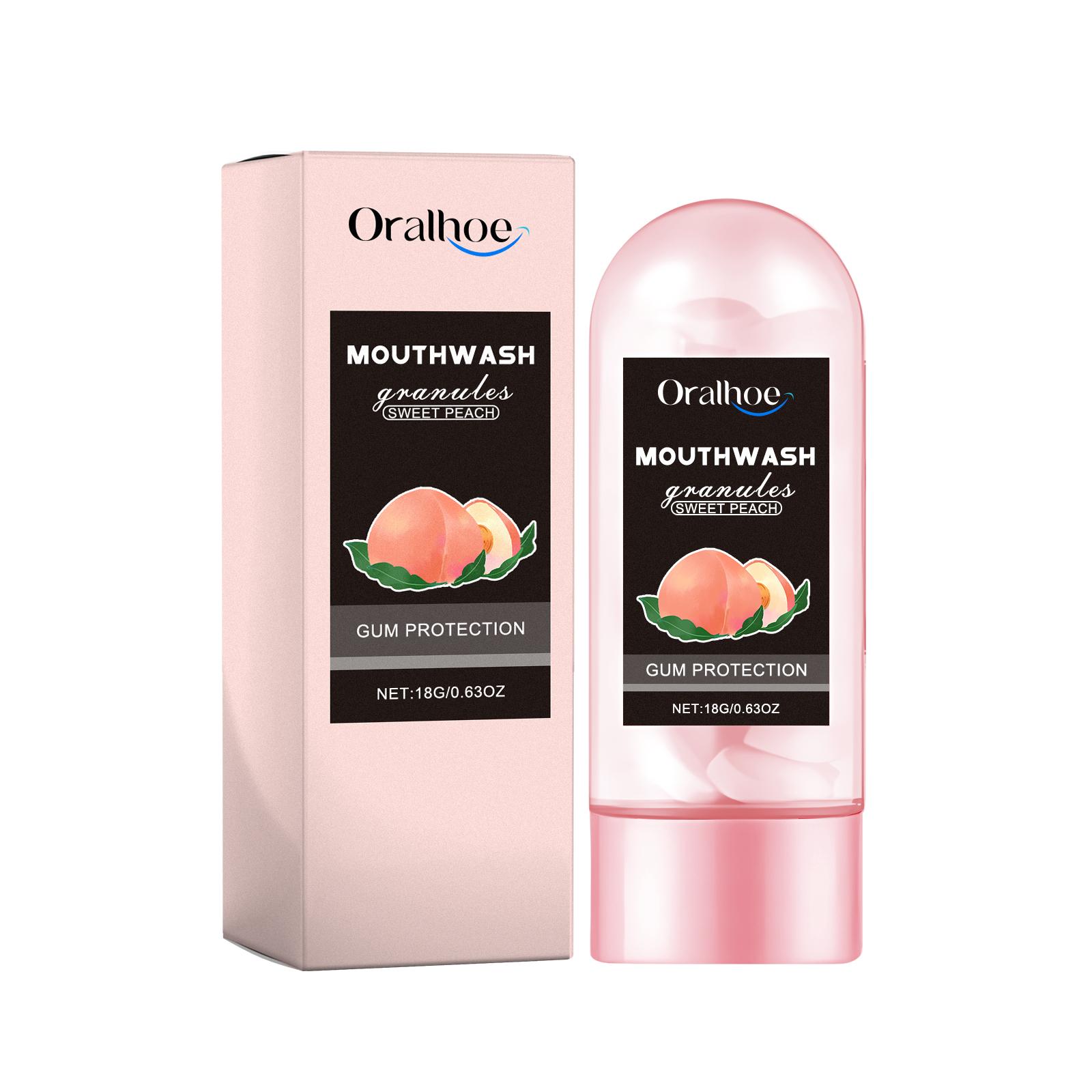 

Peach-flavored toothpaste and mouthwash granules; fresh breath with a long-lasting fragrance; also cleanses the gums.
