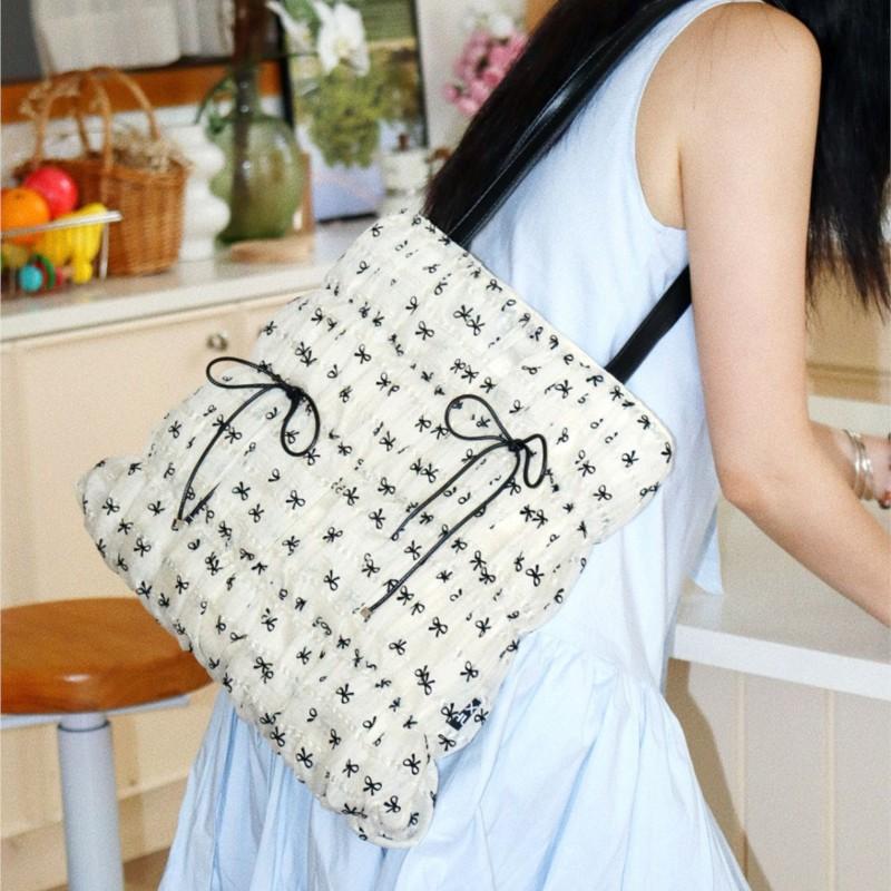 JIAERDI Beige Sweet Cute Bow Tote Bag Women Print Wrinkle Large Capacity Shoulder Bag Ladies Harajuku Y2k Aesthetic Underarm Bag