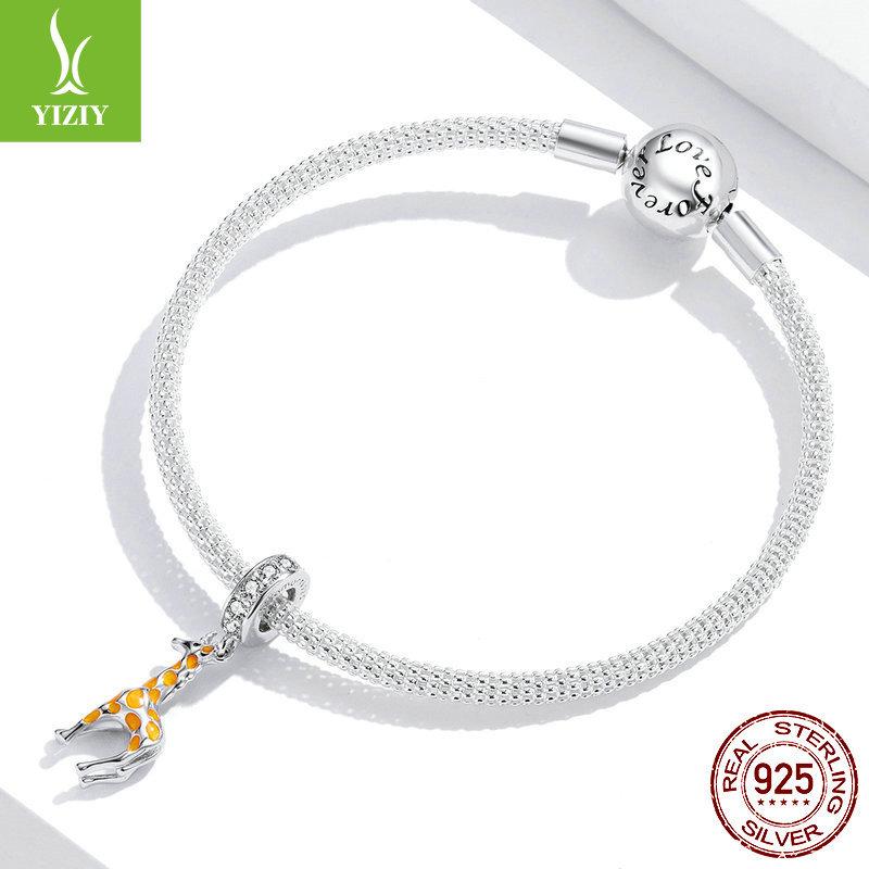 Oil-Dripping Spotted Giraffe Handmade Diy Pendant, Cute Animal S925 Silver Bracelet Beaded.