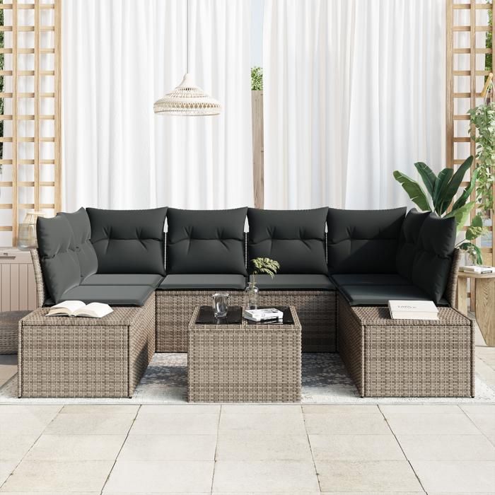 VidaXL Ensemble de Canapé de Jardin 7 pièces avec Coussins Gris Poly Rattan 3355628