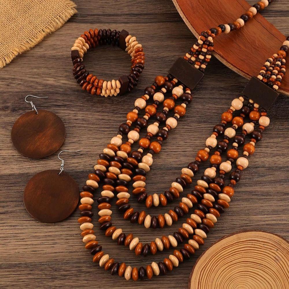 Ethnic Style Vintage Boho Bib Beads Colorful Handmade Bohemia Necklace Set Multi Layer Wood Beaded Geometric Beaded Necklace