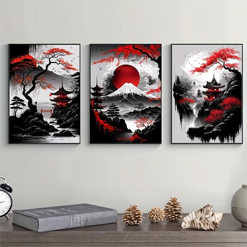 Landscape Canvas Painting Black And Red Posters Vintage Ink Art Wall Prints For Living Room Home 3pcs Frameless Japanese Natural