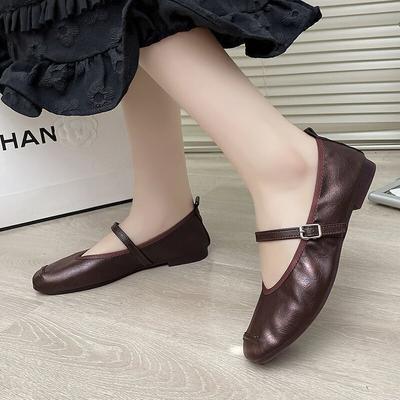 2024 New Autumn Retro Soft French Mary Jane One-word Buckle Leather Shoes Flat Soft Sole Casual Single Shoes Women