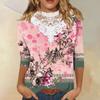 3/4 Length Sleeve Womens Tops Casual Loose Fit Lace V-neck T Shirts Cute Retro Floral Print Three Quarter Length Tunic Tops