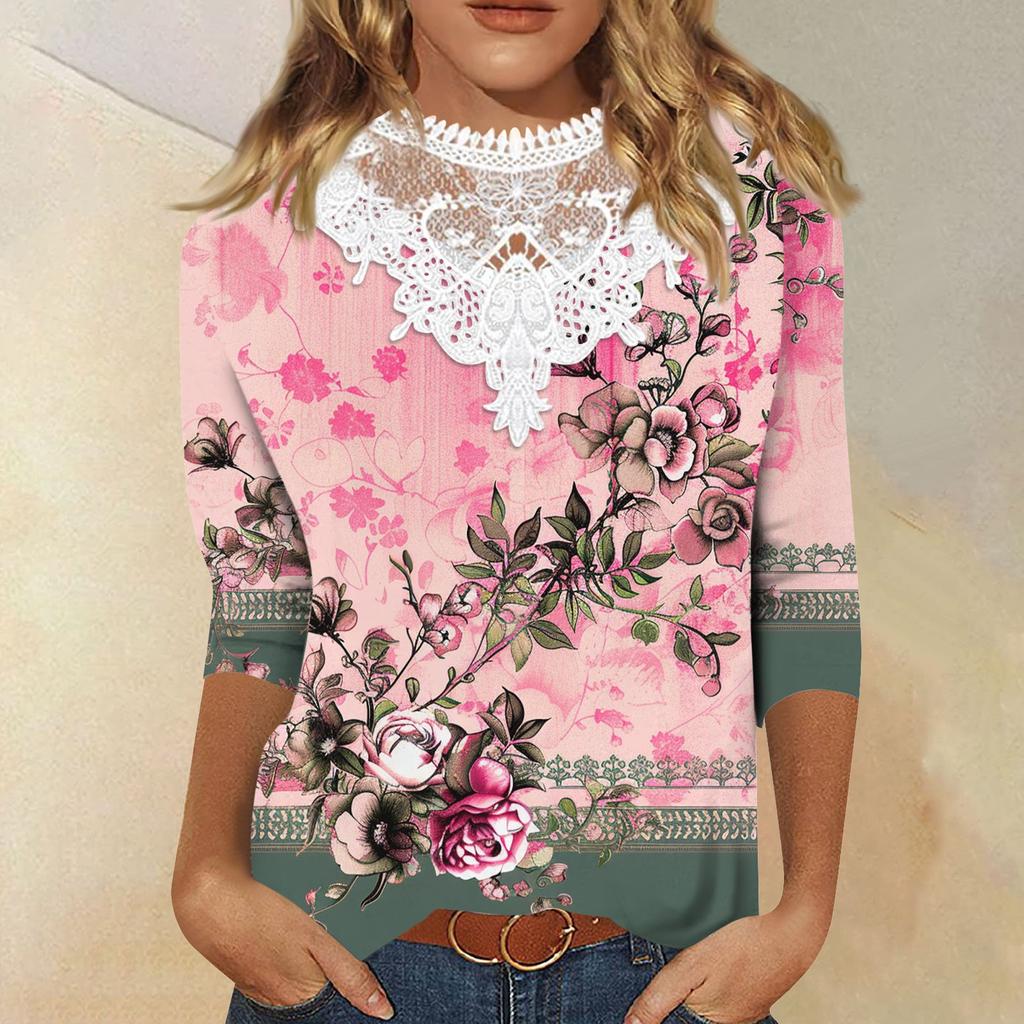 3/4 Length Sleeve Womens Tops Casual Loose Fit Lace V-neck T Shirts Cute Retro Floral Print Three Quarter Length Tunic Tops