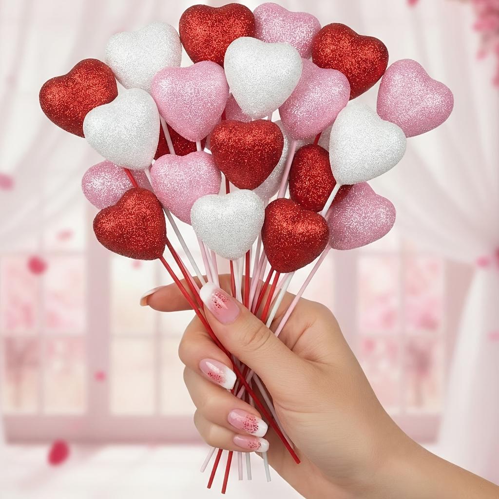 20pcs Hearts Shining Red & Pink Artificial Flower Bouquet - Valentine's Wedding Faux Blooms, Plastic Heart-Shaped for Decor