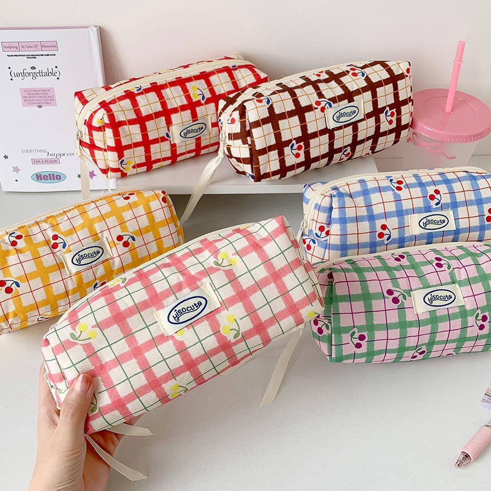 Large Capacity Y2K Cherry Pencil Case Checkered Cartoon Cherry Makeup Bag Korean Pencil Bag  Gifts