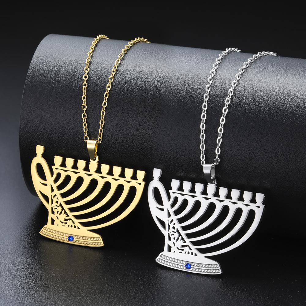 Chanukah Menorah Necklace Religious Jerusalem Temple Hanukkah Shammash Pendant Stainless Steel Judaica Jewelry