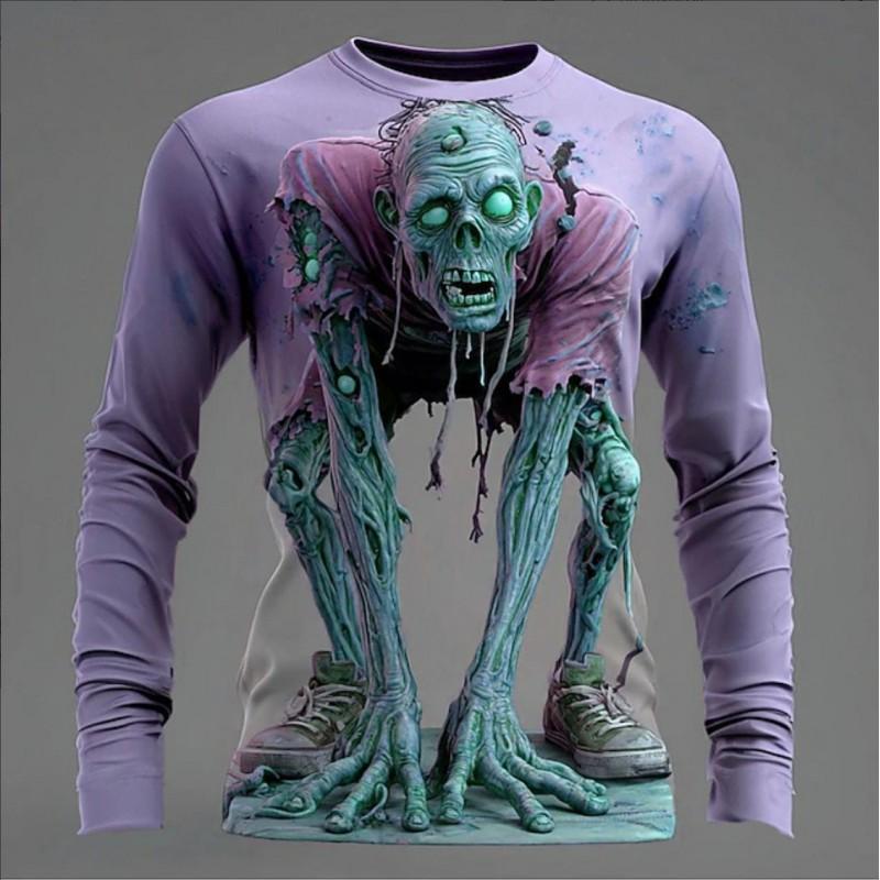 Mens Loose Fit Hooded Sweatshirt Halloween Horror Cartoon Print Long Sleeve Pullover Teens Adults