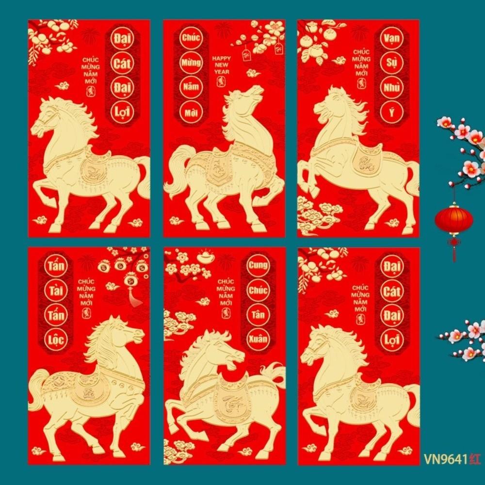6 Stück 2026 Jahr des Pferdes Vietnamesische rote Umschläge Chinesischer Stil Cartoon Rote Päckchen Geburtstagsgeschenk