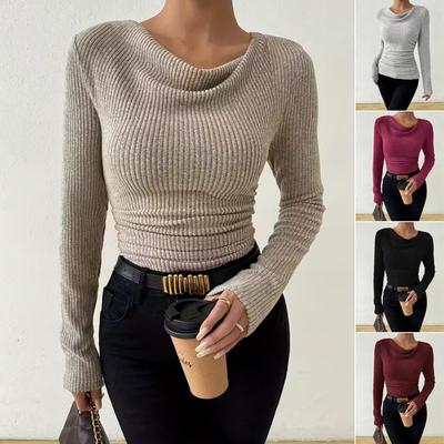 Suéter de Color Sólido para Mujer Otoño Invierno de Punto de Manga Larga Top Casual