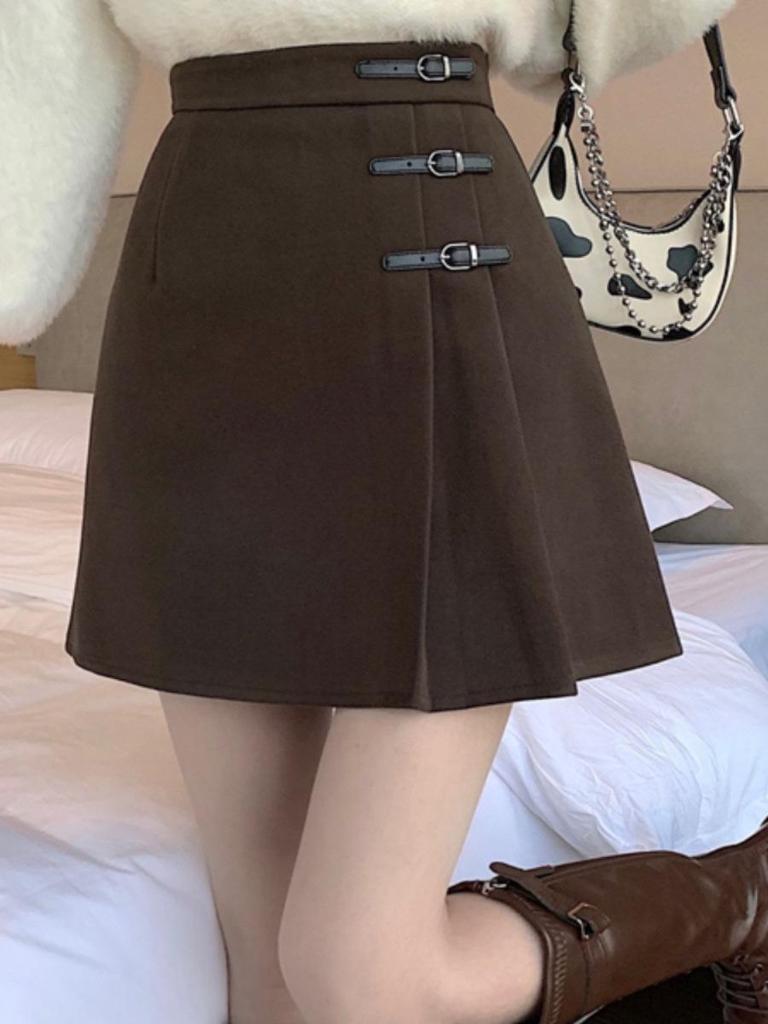 Winter 2025 Black Wool-Blend Pleated A-Line High-Waisted Short Skirt for Women (Petite)