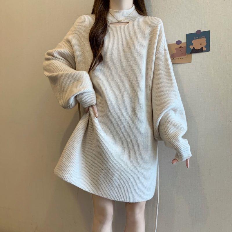 Plus Size Women's High Neck Knit Dress: Waist-Cinching Slimming Base Layer for Autumn/Winter