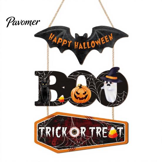 Seasonal Wall Hanging Plaque Happy Halloween Wooden Sign, Cute Bat Ghost Pumpkin Boo Door Hanger, Trick Indoor Holiday Hanger or Treat Sign for Party,