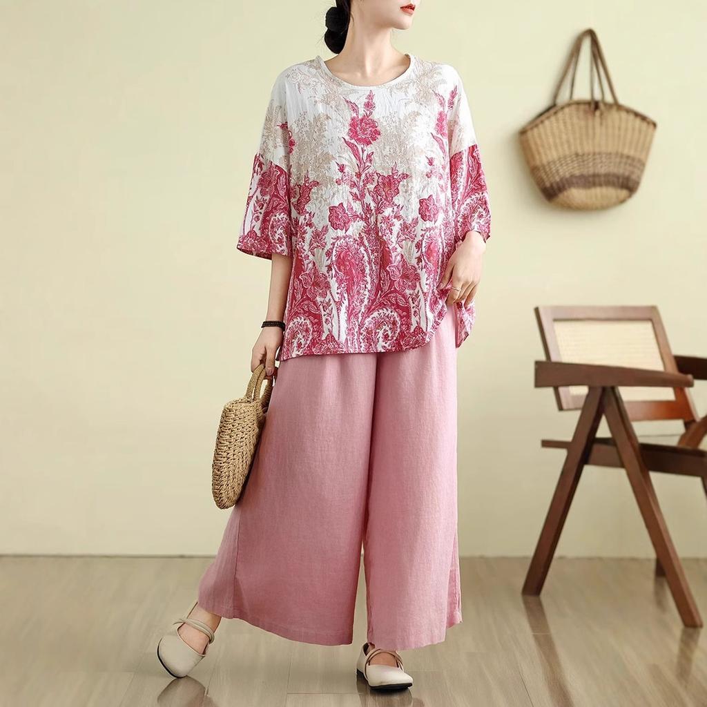 New Cotton and Linen Women's Large-size Summer Retro Casual Loose Top T-shirt for Women