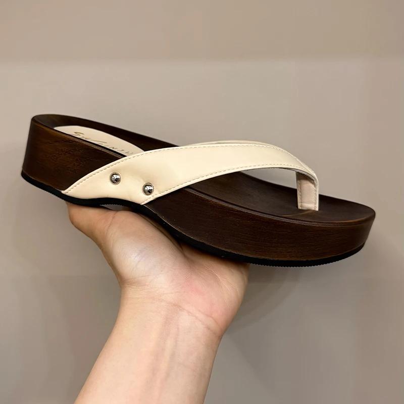 Fashion Women's Platform Slippers 2025 Summer New Japanese Retro Wood Grain Slippers Fashion Thick Sole Clip Toe Sandals Flip Flops