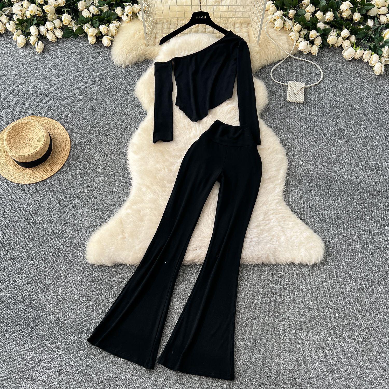 

Сексуальная косая горловина без бретелек длинный рукав асимметричная футболка топ женский высокая талия тонкий пакет бедра микро брюки костюм One size