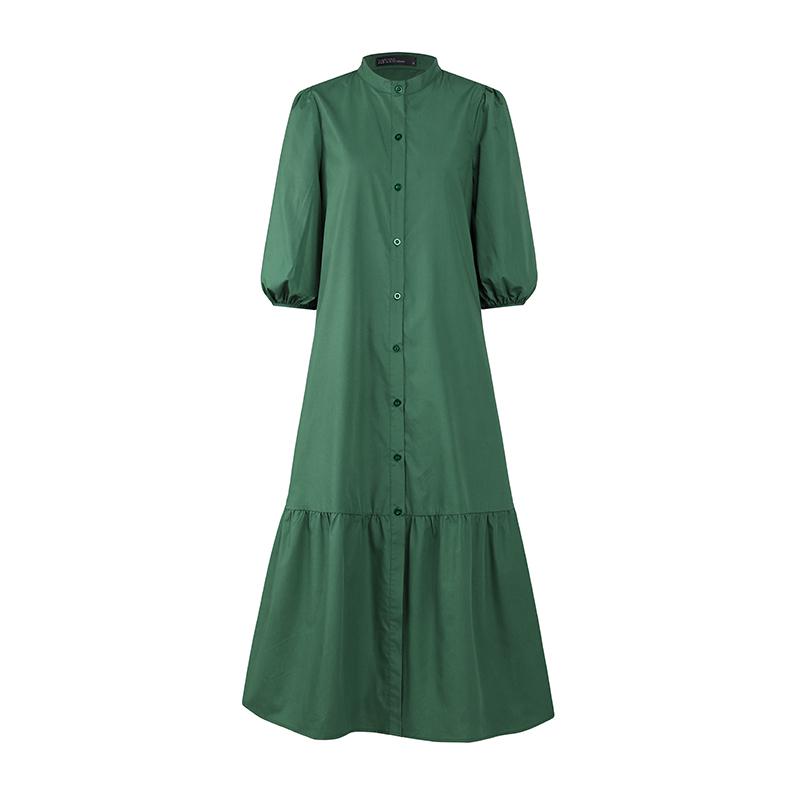 Women's Button Up Kaftan Oversized Dress Solid Color Casual 3/4 Sleeve Flounce Hem Long Dress