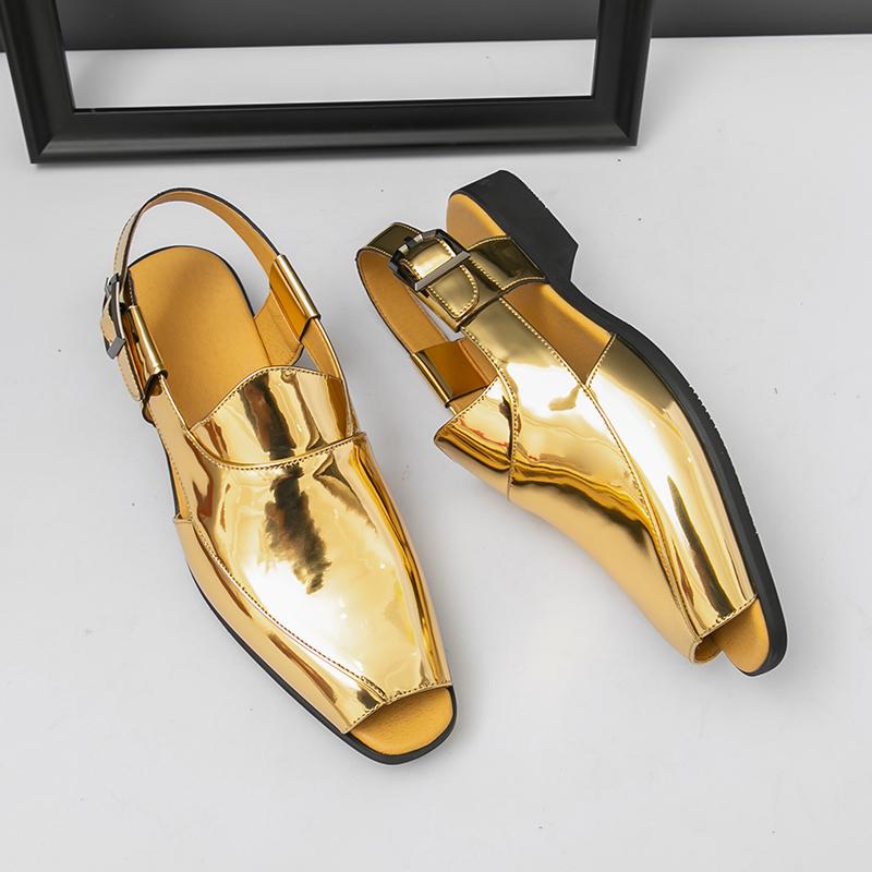 Fashion Summer Fashion Men's Gladiators Gold Silver Peep Toe Belt Buckle Leather Casual Shoes Breathable Beach Sandals Outdoor Slippers