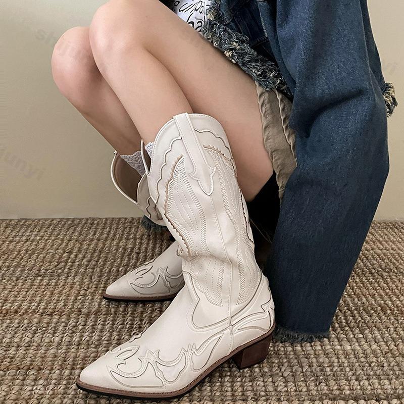 Fashion Women Boots 2025 Autumn New Embroidered Western Cowboy Boots Pointed Toe Thick Heel High Knee Boot Woman Long Boots High-quality