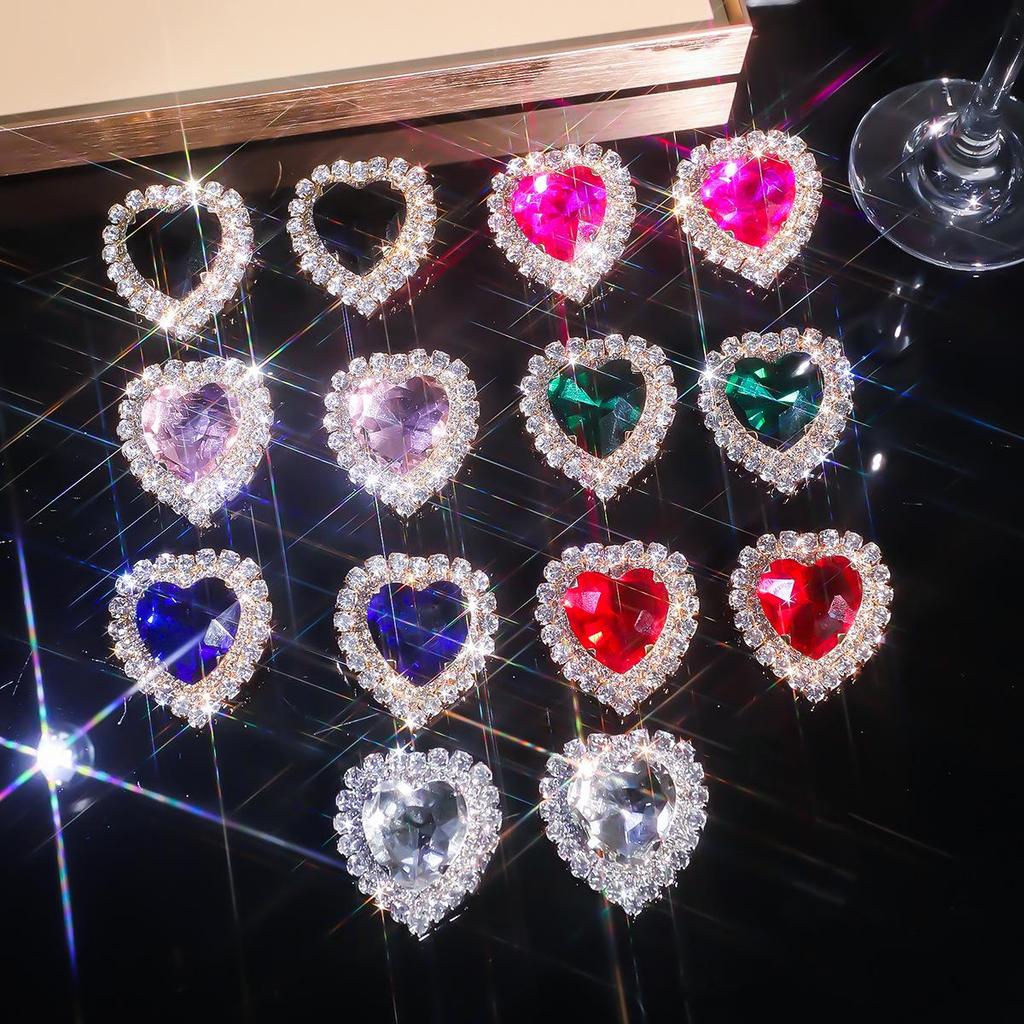 Exaggerated Geometric Heart Crystal Stud Earrings: Pink, Green, Black - Versatile Evening Ear Accessories