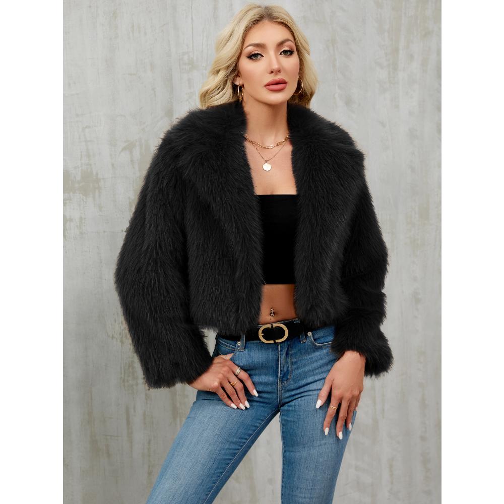 Giacca Corta da Donna Invernale in Ecopelliccia, Cappotto Corto con Scollo a Tacca e Texture Peluche, Capo d'Abbigliamento Casual Chic per Autunno Inverno