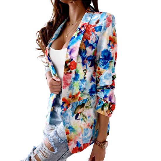 Bürodame Blazer Bunter Druck Slim Frühling Herbst Ziertaschen Floral Anzug