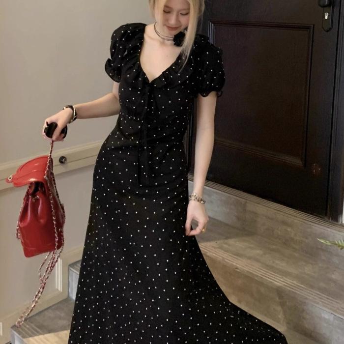 

French temperament summer new fat MM black polka dot versatile dress waist thin bubble sleeves A word long dress S чёрный