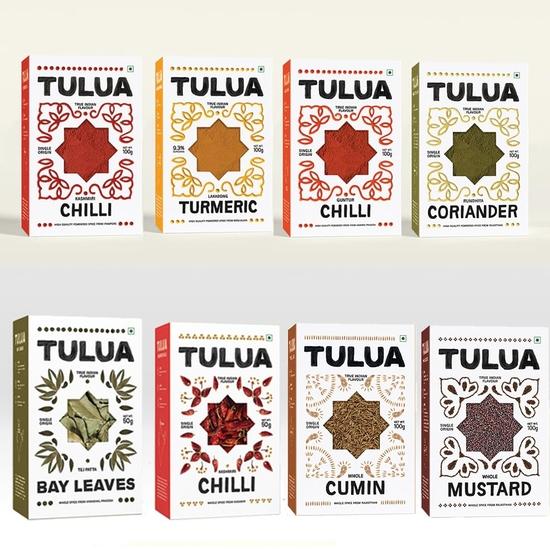 Tulua Natural & Organic All Spices Combo Pack of 8-700gm | Lakadong Turmeric, Guntur Chilli, Kashmiri Chilli, Coriander Powders
