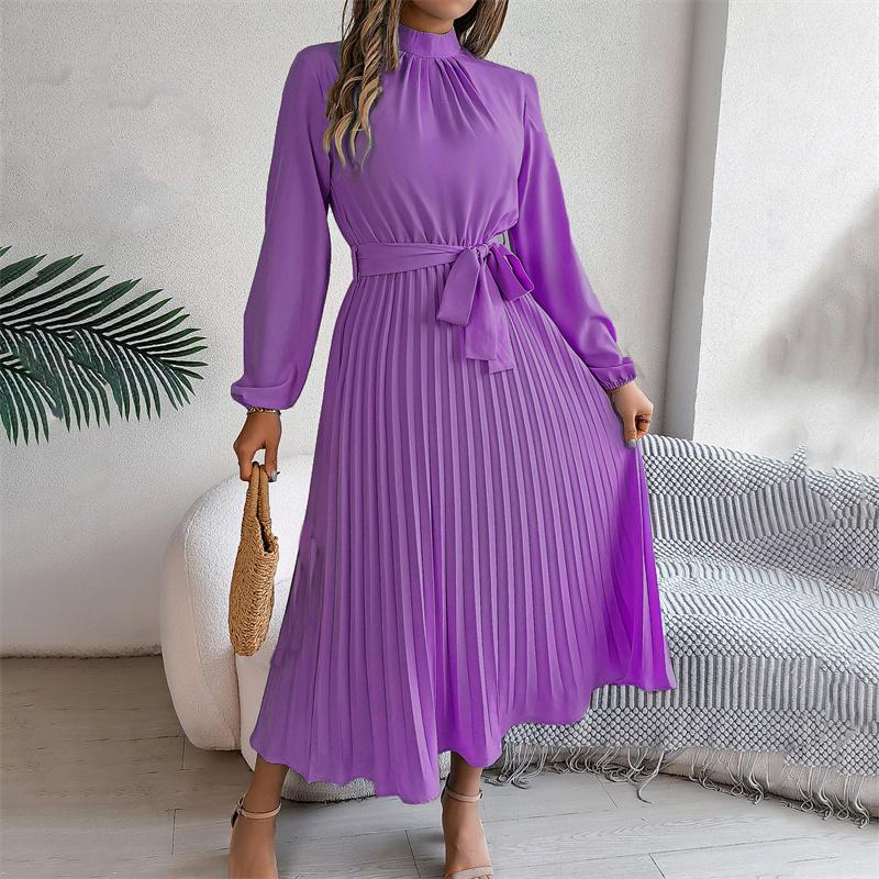 Women Long Sleeve A Line Dress High Waist Stand Collar Pleated Solid Long Dress Autumn Winter Sizes S To XXXL