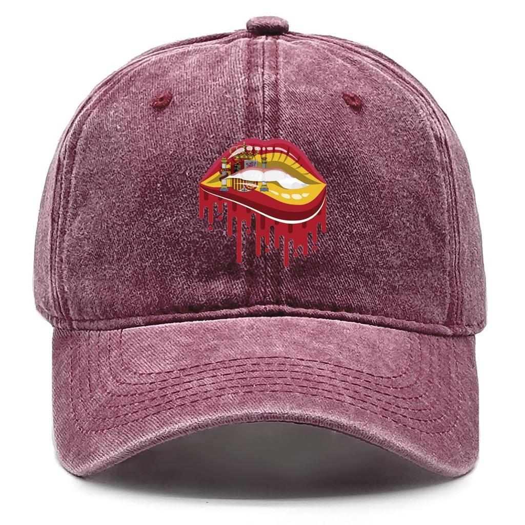 Spain Flag Lip Print Snapback Baseball Hat, Patriotic Sports Hat Vintage Hip Hop Breathable Distressed Adjustable Baseball Cap