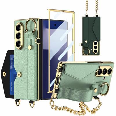 Zlatý náramek Electroplated Plain Leather s přihrádkou na kartu Sklo Ochranné pouzdro pro Samsung Galaxy Z Fold7 Fold 7 6 Kryt