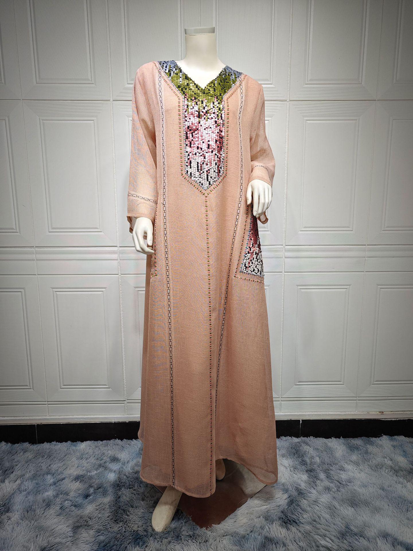 

Dubai Sequin Embellished Jalabiya - Eid Muslim Women s Long Robe S рожевий