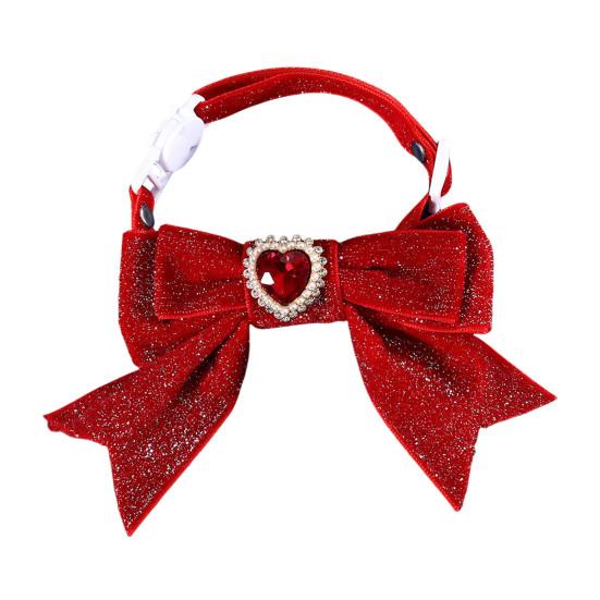 Cats Dog Collar Velvet Bow Tie Adjustable Anti-Choking Puppy Necklace Heart Shape Rhinestone Decoration Lightweight Comfortable Birthday Accessories