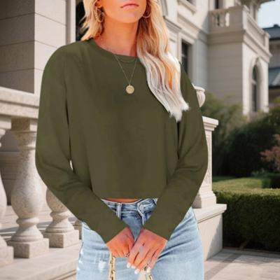 Women Tops Round Neck Long Sleeve Loose Fit Cropped Tops Solid Color Leisure Pullover