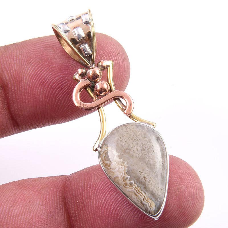 

Natural Crazy Lace Agate Gemstone 925 Solid Silver Two Tone Pendant 1.75 u7D34