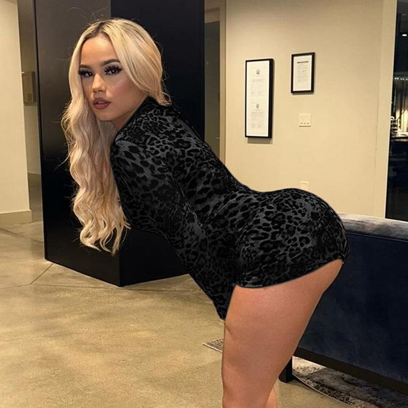 2024 Women's Trendy Leopard Print Long-Sleeve Tight-Fit Jumpsuit