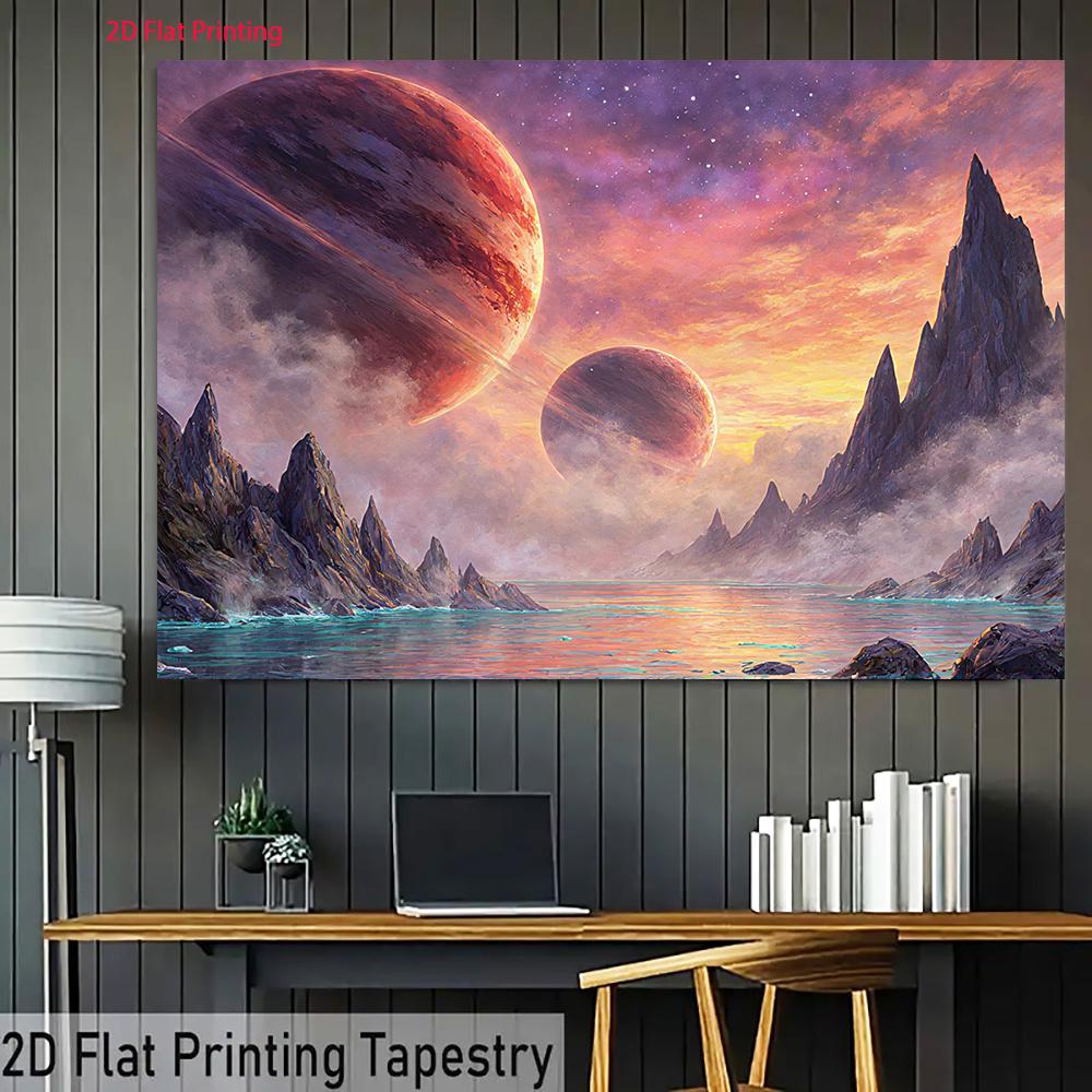 2D Plane, Space-themed Fantasy Scenery Background Cloth, Mountain, Planet and Nebula Design, Polyester