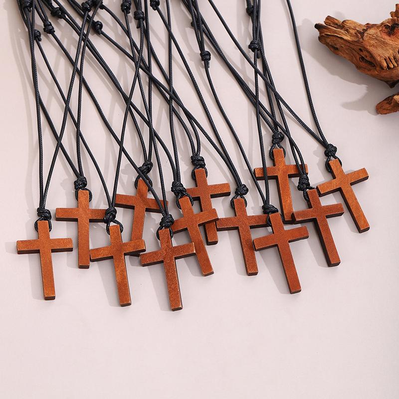 Vintage Wooden Cross Pendant Wax Rope Necklace For Men Women Accessories Jewelry Gift