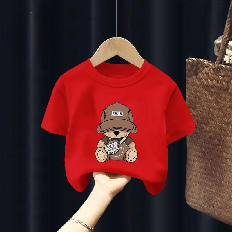 Teddy Bear Cartoon Printed Short Sleeve Boys and Girls Summer Casual Polyester Comfortable Top