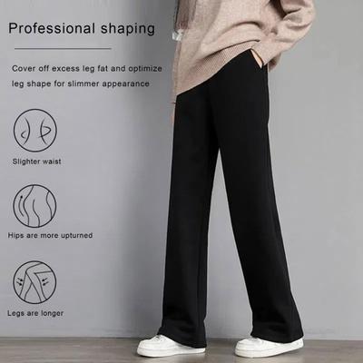 Yousheng Women Autumn Winter Fleece Lining Pants Elastic High Waist Straight Wide Leg Pants Solid Color Loose Fit Long Trousers