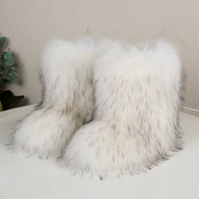 European and American Fur Snow Boots Winter New Style with Thickened Sleeve, Imitating Raccoon and Fox Fur Midsole Boots