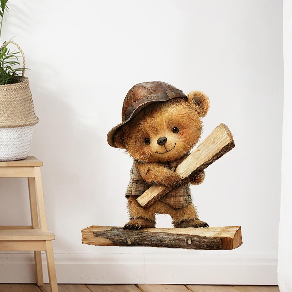 Cartoon Bear on Wood Log Wall Stickers, Cute Removable Self-Adhesive for Kids Room Nursery Home Decor