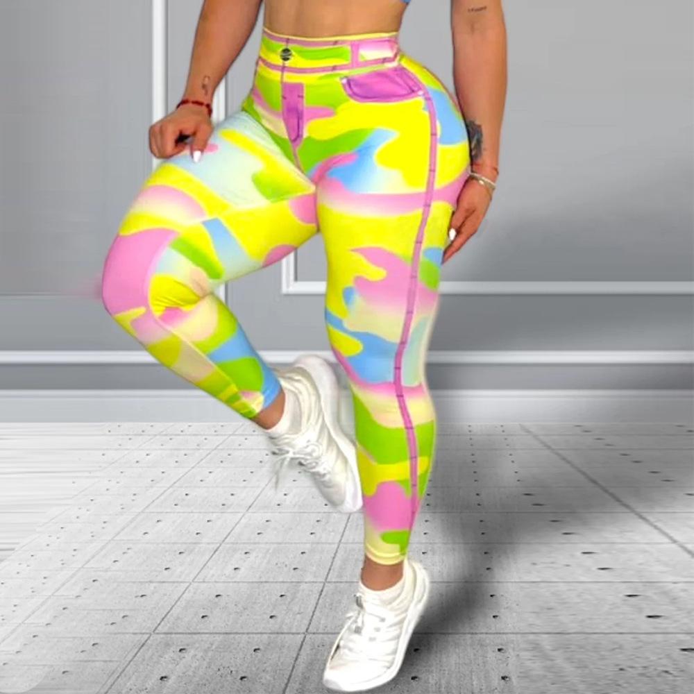 Fashion Slimming Hip Lifting Yellow Camouflage Print Yoga Pants Bottom Pants High Waisted Tummy Tuck Fitness Pants Women