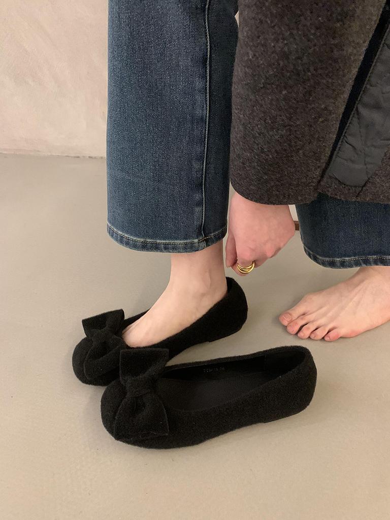 Flat Woolen Gray Single Shoes Women's Shoes Spring and Autumn Bow Commuter Fairy Ladyshoes