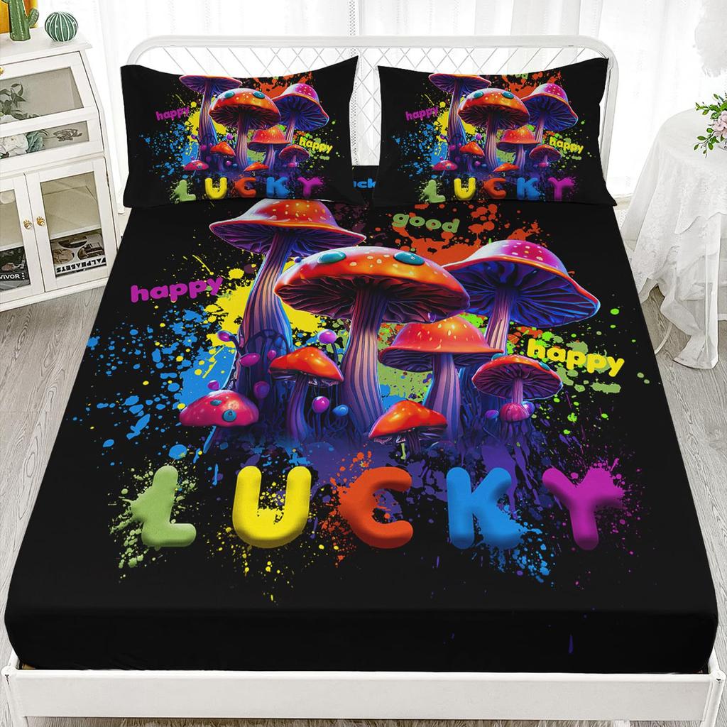 Cute Cartoon Mushroom Pattern Mattress Three-Piece Digital Printing Bedding Set Children Adult