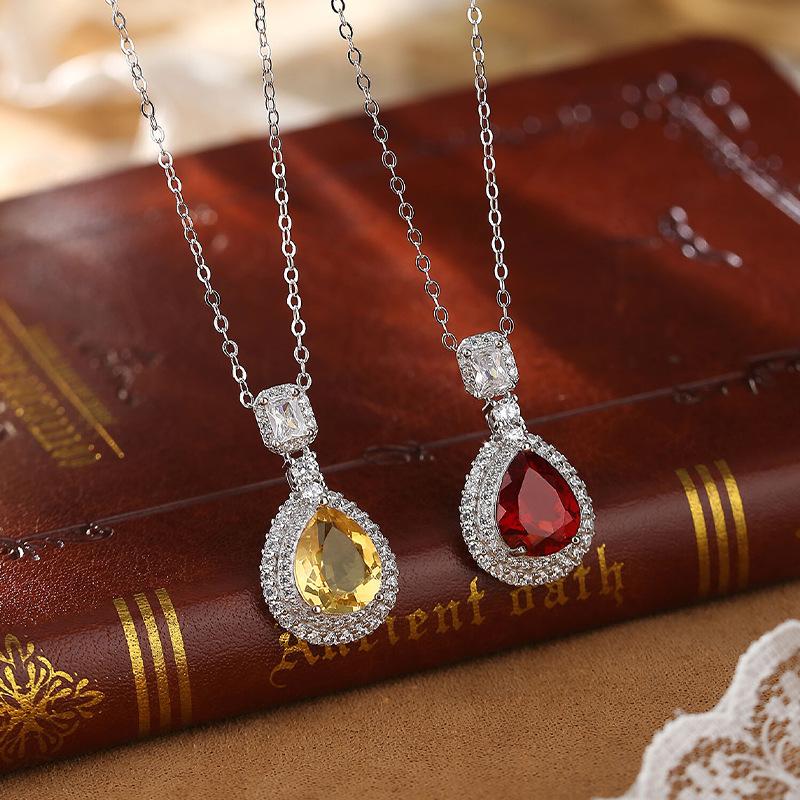 S925 Sterling Silver Necklace Women's Natural Stone Water Drop Pendant Crystal Stone Clavicle Chain Dress Accessories